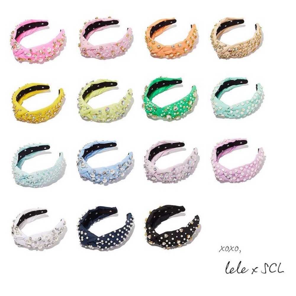LELE SADOUGHI X STONEY CLOVER FLAMINGO CRYSTAL HEARTS & PEARL KNOTTED HEADBAND - Picture 7 of 9